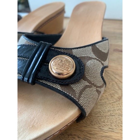 Vintage Coach Lee Sandal Signature Logo Cavas Wood Heel Patent Leather Women 8.5 - Picture 3 of 16